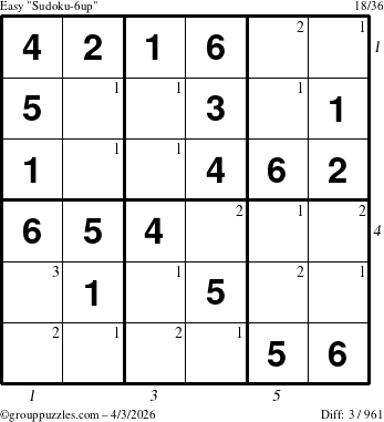 The grouppuzzles.com Easy Sudoku-6up puzzle for Friday April 3, 2026 with all 3 steps marked