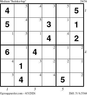 The grouppuzzles.com Medium Sudoku-6up puzzle for Friday April 3, 2026, suitable for printing, with all 5 steps marked