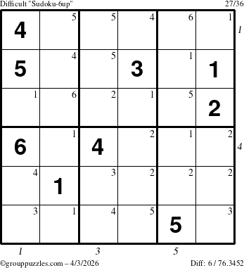 The grouppuzzles.com Difficult Sudoku-6up puzzle for Friday April 3, 2026, suitable for printing, with all 6 steps marked