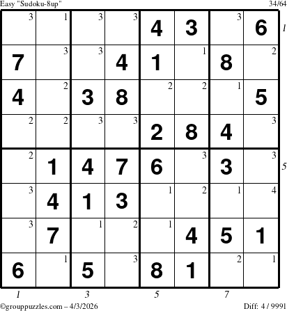 The grouppuzzles.com Easy Sudoku-8up puzzle for Friday April 3, 2026 with all 4 steps marked