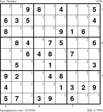 The grouppuzzles.com Easy Sudoku puzzle for Friday April 3, 2026 with all 4 steps marked
