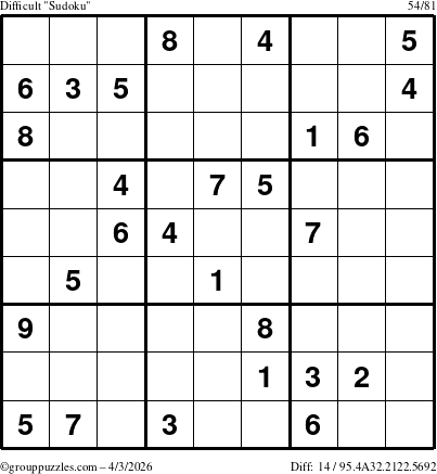 The grouppuzzles.com Difficult Sudoku puzzle for Friday April 3, 2026