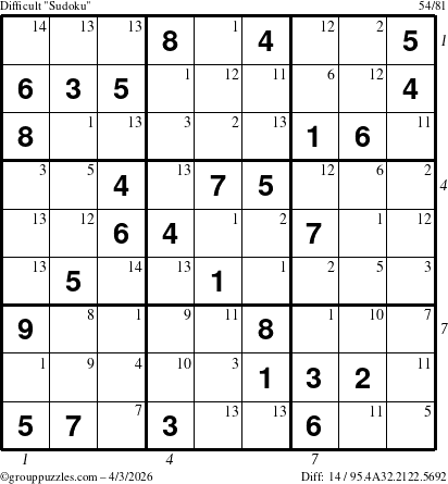 The grouppuzzles.com Difficult Sudoku puzzle for Friday April 3, 2026 with all 14 steps marked
