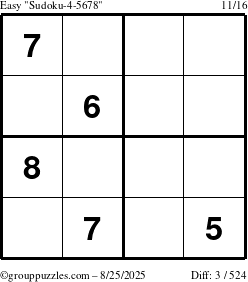 The grouppuzzles.com Easy Sudoku-4-5678 puzzle for Monday August 25, 2025