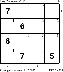 The grouppuzzles.com Easy Sudoku-4-5678 puzzle for Monday August 25, 2025, suitable for printing, with all 3 steps marked