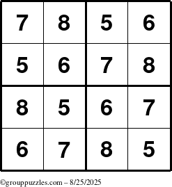 The grouppuzzles.com Answer grid for the Sudoku-4-5678 puzzle for Monday August 25, 2025