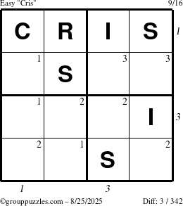 The grouppuzzles.com Easy Cris puzzle for Monday August 25, 2025 with all 3 steps marked