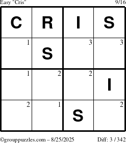 The grouppuzzles.com Easy Cris puzzle for Monday August 25, 2025 with the first 3 steps marked