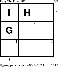 The grouppuzzles.com Easy TicTac-GHI puzzle for Monday August 25, 2025 with all 2 steps marked