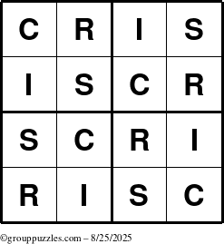 The grouppuzzles.com Answer grid for the Cris puzzle for Monday August 25, 2025