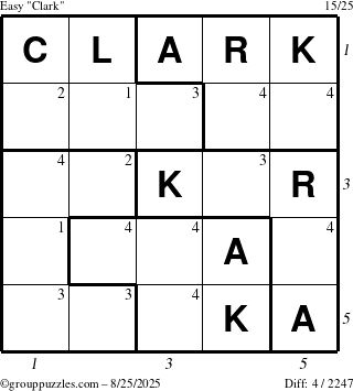 The grouppuzzles.com Easy Clark puzzle for Monday August 25, 2025 with all 4 steps marked