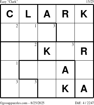The grouppuzzles.com Easy Clark puzzle for Monday August 25, 2025 with the first 3 steps marked