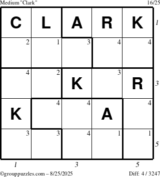 The grouppuzzles.com Medium Clark puzzle for Monday August 25, 2025 with all 4 steps marked