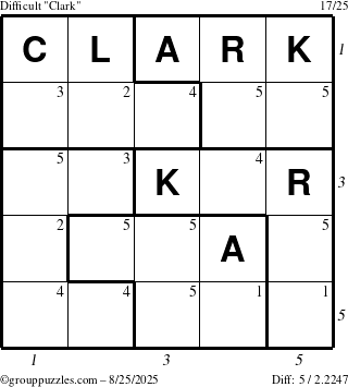 The grouppuzzles.com Difficult Clark puzzle for Monday August 25, 2025, suitable for printing, with all 5 steps marked
