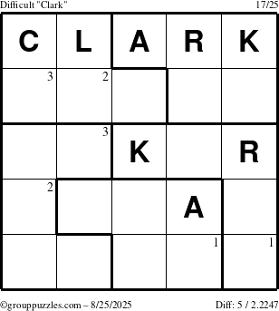 The grouppuzzles.com Difficult Clark puzzle for Monday August 25, 2025 with the first 3 steps marked