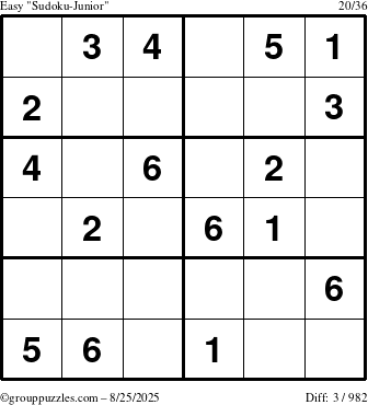 The grouppuzzles.com Easy Sudoku-Junior puzzle for Monday August 25, 2025
