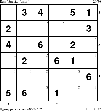 The grouppuzzles.com Easy Sudoku-Junior puzzle for Monday August 25, 2025 with all 3 steps marked