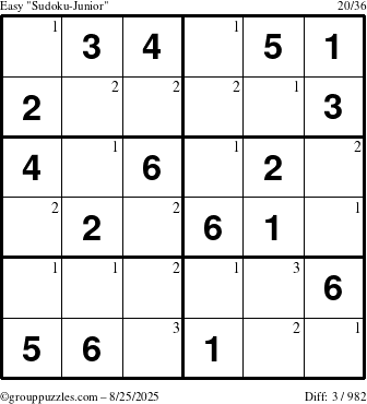 The grouppuzzles.com Easy Sudoku-Junior puzzle for Monday August 25, 2025 with the first 3 steps marked