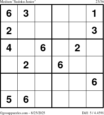 The grouppuzzles.com Medium Sudoku-Junior puzzle for Monday August 25, 2025