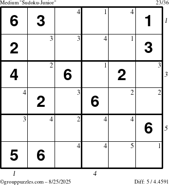 The grouppuzzles.com Medium Sudoku-Junior puzzle for Monday August 25, 2025 with all 5 steps marked