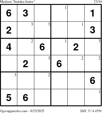 The grouppuzzles.com Medium Sudoku-Junior puzzle for Monday August 25, 2025 with the first 3 steps marked