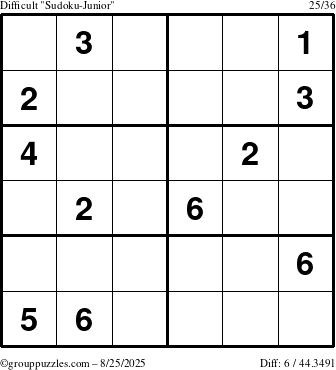 The grouppuzzles.com Difficult Sudoku-Junior puzzle for Monday August 25, 2025