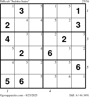 The grouppuzzles.com Difficult Sudoku-Junior puzzle for Monday August 25, 2025, suitable for printing, with all 6 steps marked