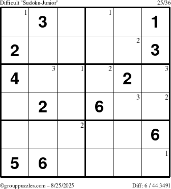 The grouppuzzles.com Difficult Sudoku-Junior puzzle for Monday August 25, 2025 with the first 3 steps marked