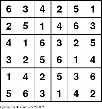 The grouppuzzles.com Answer grid for the Sudoku-Junior puzzle for Monday August 25, 2025