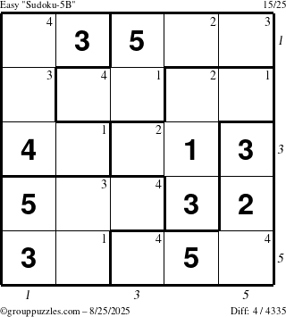 The grouppuzzles.com Easy Sudoku-5B puzzle for Monday August 25, 2025 with all 4 steps marked
