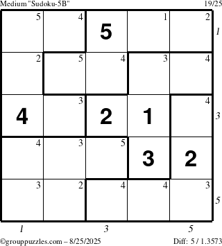 The grouppuzzles.com Medium Sudoku-5B puzzle for Monday August 25, 2025 with all 5 steps marked