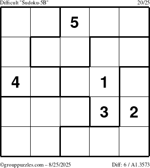 The grouppuzzles.com Difficult Sudoku-5B puzzle for Monday August 25, 2025