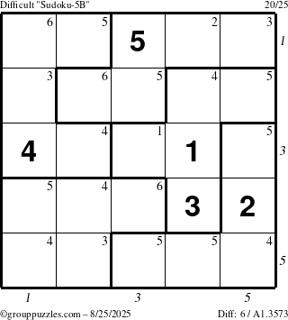 The grouppuzzles.com Difficult Sudoku-5B puzzle for Monday August 25, 2025 with all 6 steps marked