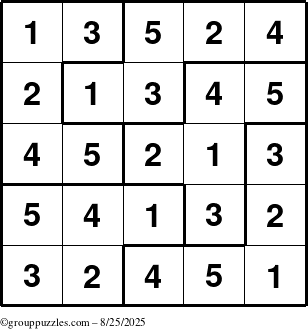 The grouppuzzles.com Answer grid for the Sudoku-5B puzzle for Monday August 25, 2025
