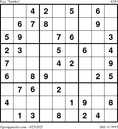 The grouppuzzles.com Easy Sudoku puzzle for Monday August 25, 2025