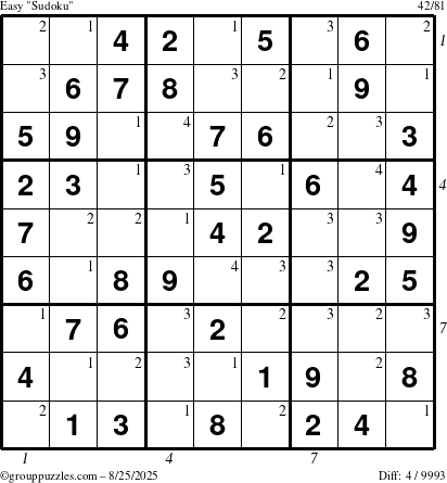 The grouppuzzles.com Easy Sudoku puzzle for Monday August 25, 2025 with all 4 steps marked