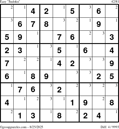 The grouppuzzles.com Easy Sudoku puzzle for Monday August 25, 2025 with the first 3 steps marked