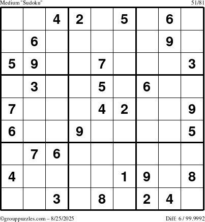 The grouppuzzles.com Medium Sudoku puzzle for Monday August 25, 2025