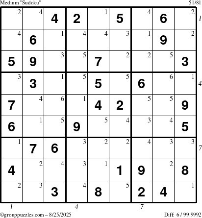 The grouppuzzles.com Medium Sudoku puzzle for Monday August 25, 2025 with all 6 steps marked