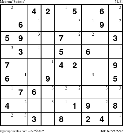 The grouppuzzles.com Medium Sudoku puzzle for Monday August 25, 2025 with the first 3 steps marked
