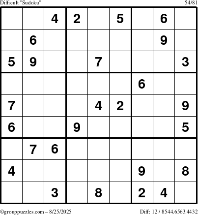 The grouppuzzles.com Difficult Sudoku puzzle for Monday August 25, 2025
