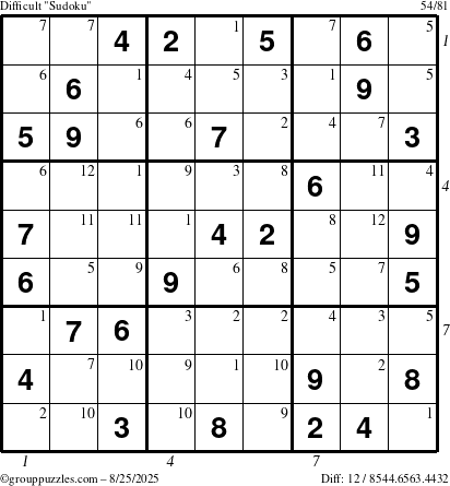 The grouppuzzles.com Difficult Sudoku puzzle for Monday August 25, 2025 with all 12 steps marked