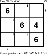 The grouppuzzles.com Easy TicTac-456 puzzle for Monday August 25, 2025 with all 2 steps marked