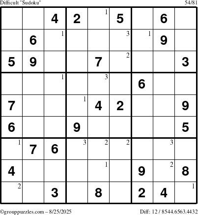 The grouppuzzles.com Difficult Sudoku puzzle for Monday August 25, 2025 with the first 3 steps marked