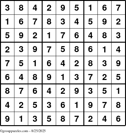 The grouppuzzles.com Answer grid for the Sudoku puzzle for Monday August 25, 2025