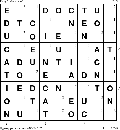 The grouppuzzles.com Easy Education-c1 puzzle for Monday August 25, 2025 with all 3 steps marked