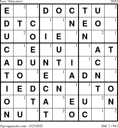 The grouppuzzles.com Easy Education-c1 puzzle for Monday August 25, 2025 with the first 3 steps marked
