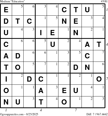 The grouppuzzles.com Medium Education-c1 puzzle for Monday August 25, 2025 with all 7 steps marked