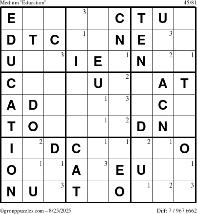 The grouppuzzles.com Medium Education-c1 puzzle for Monday August 25, 2025 with the first 3 steps marked