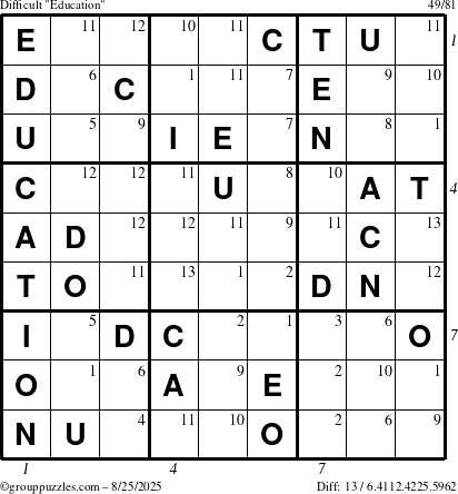 The grouppuzzles.com Difficult Education-c1 puzzle for Monday August 25, 2025 with all 13 steps marked